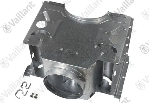 Vaillant Komponente aus Blech mit runder Öffnung, Montagebohrungen und Zubehörteilen wie Schrauben und Clips.